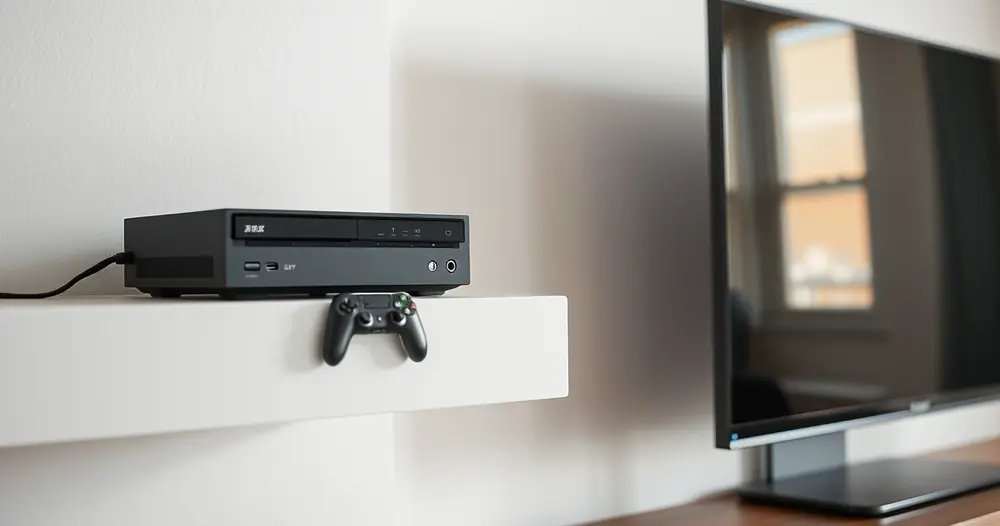 Console de videogame numa estante, ao lado da televisão