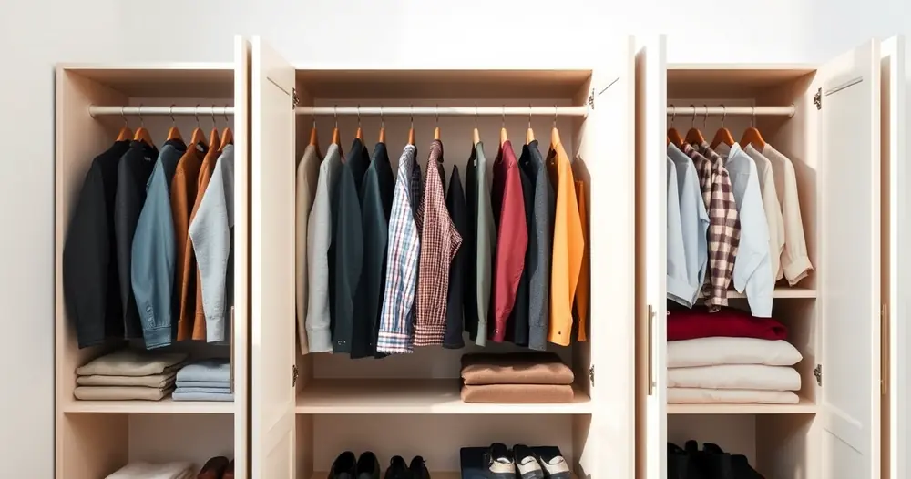 Roupas dobradas com cuidado dentro de um guarda-roupa aberto