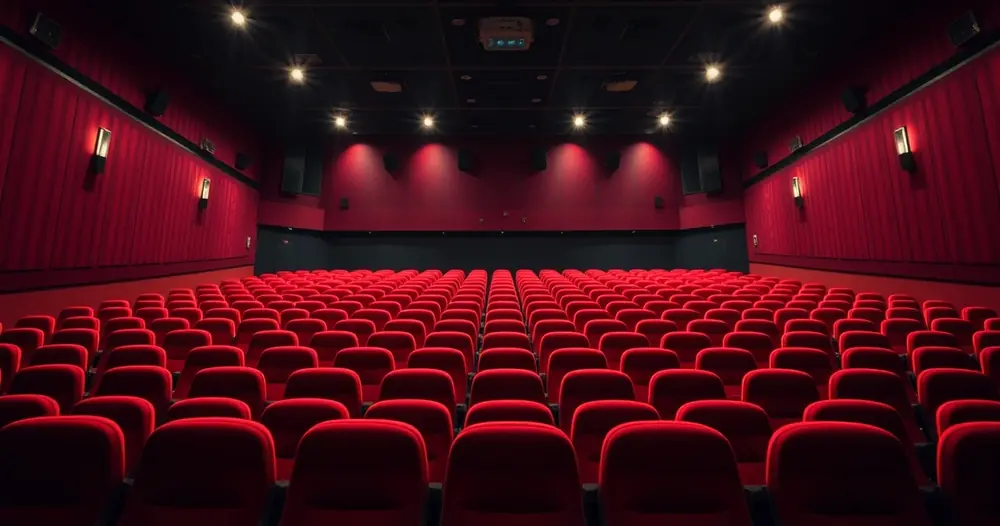 Sala de cinema vazia, com poltronas vermelhas e luz baixa