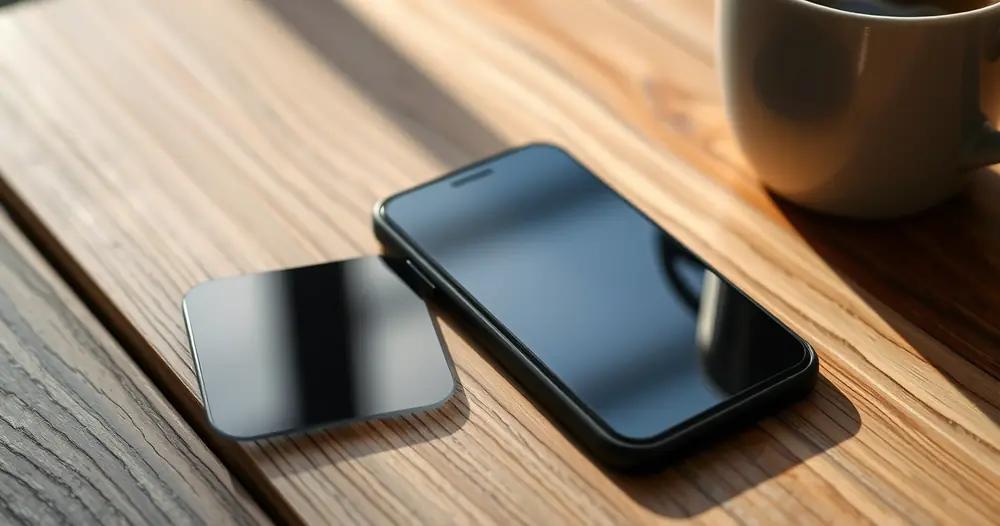 Celular sobre uma mesa de madeira, ao lado de uma xícara de café
