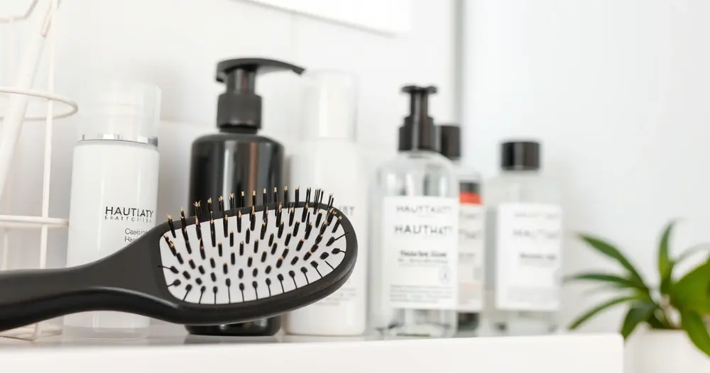 Produtos para cabelo e uma escova sobre a prateleira do banheiro