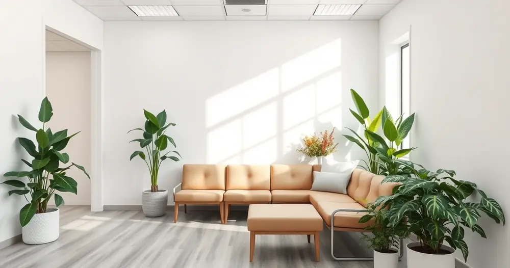 Sala de espera de consultório, com plantas e luz suave