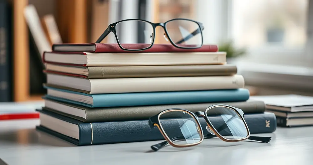 Pilha de livros e óculos de leitura sobre uma escrivaninha