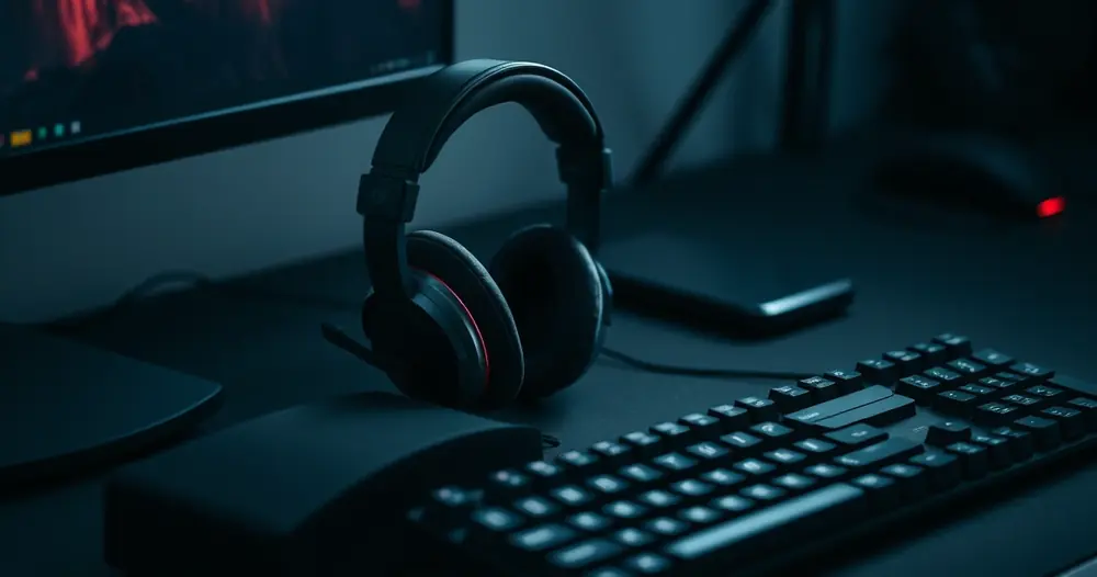 Headset gamer sobre a mesa, ao lado do teclado