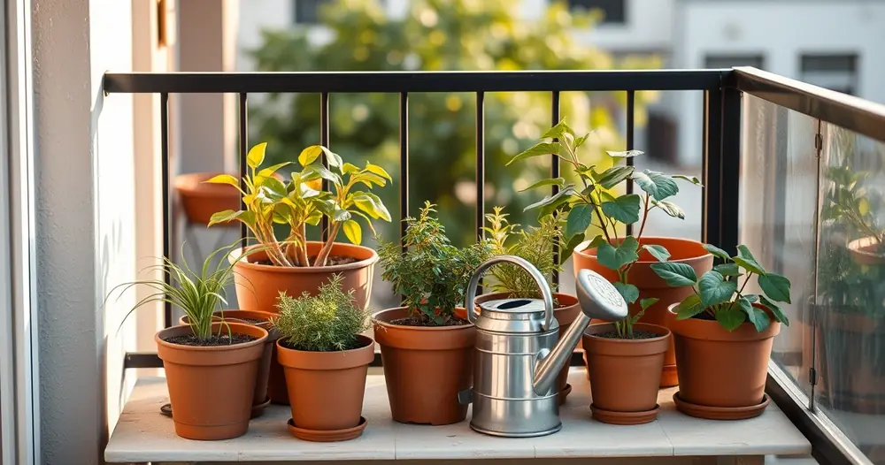 Plantas em vasos numa varanda, com um regador ao lado