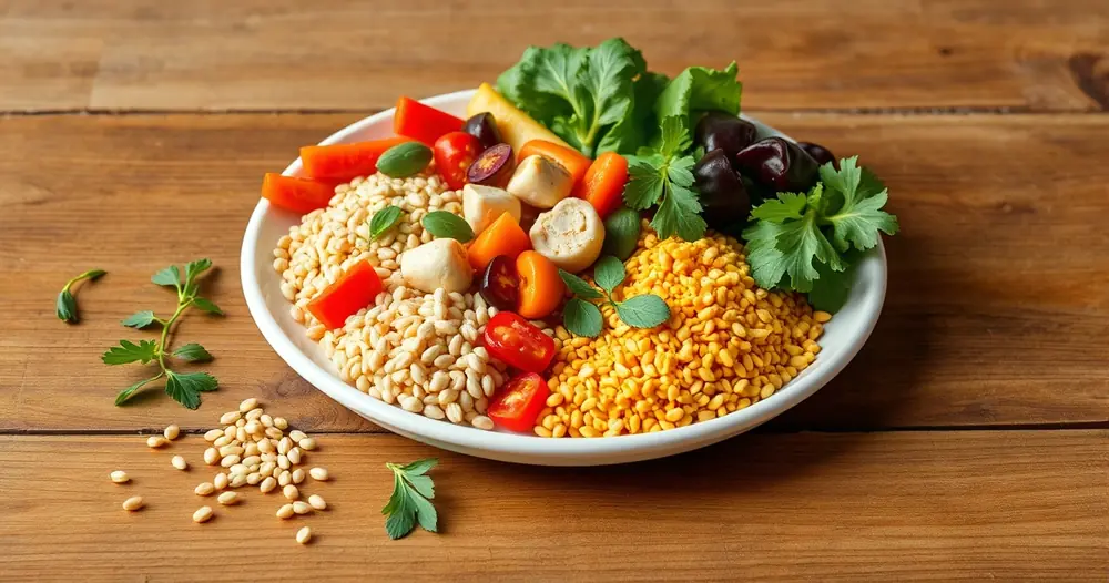 Prato com legumes coloridos e grãos sobre mesa de madeira