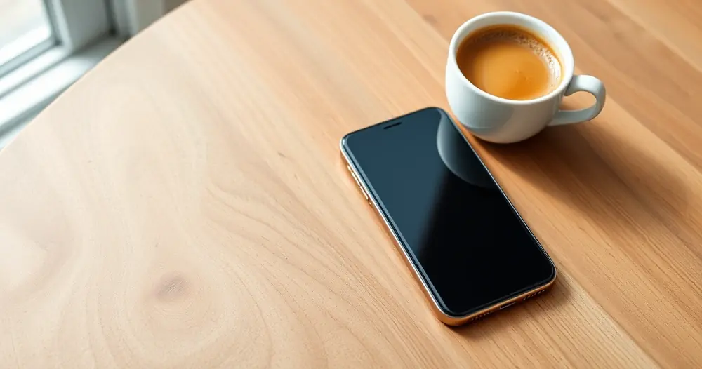 Celular sobre uma mesa de madeira, ao lado de uma xícara de café