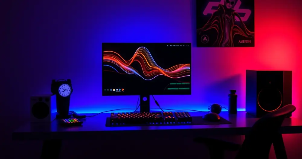 Mesa de jogo com monitor, teclado e iluminação colorida