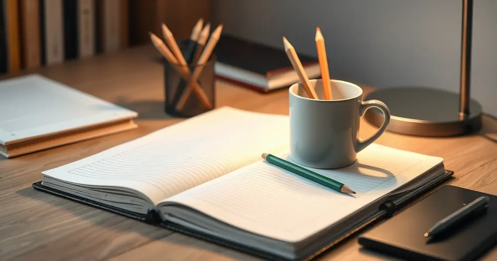 Caderno aberto, lápis e uma caneca sobre a mesa de estudo