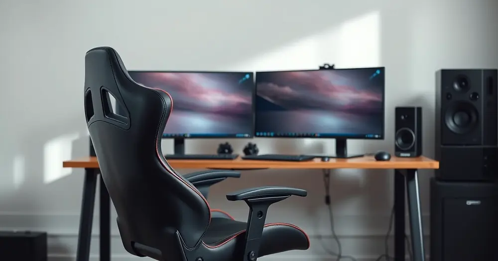 Cadeira gamer diante de uma mesa com dois monitores