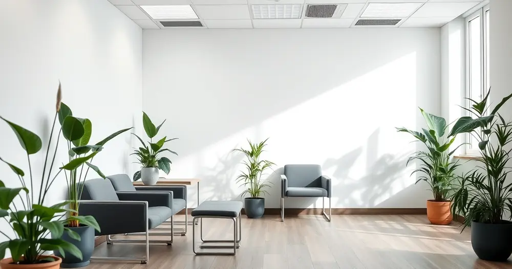 Sala de espera de consultório, com plantas e luz suave