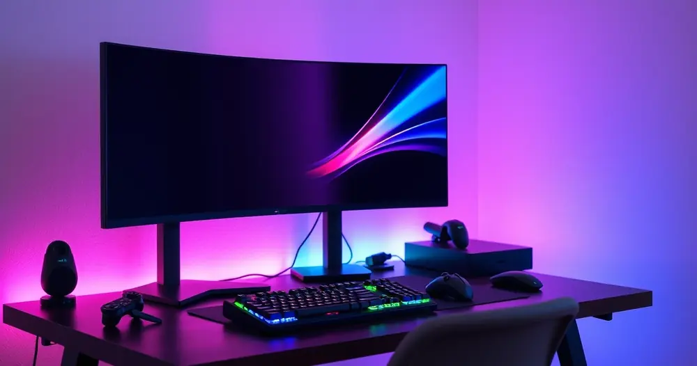 Mesa de jogo com monitor, teclado e iluminação colorida