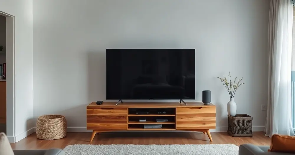 Televisão sobre um rack de madeira numa sala arrumada