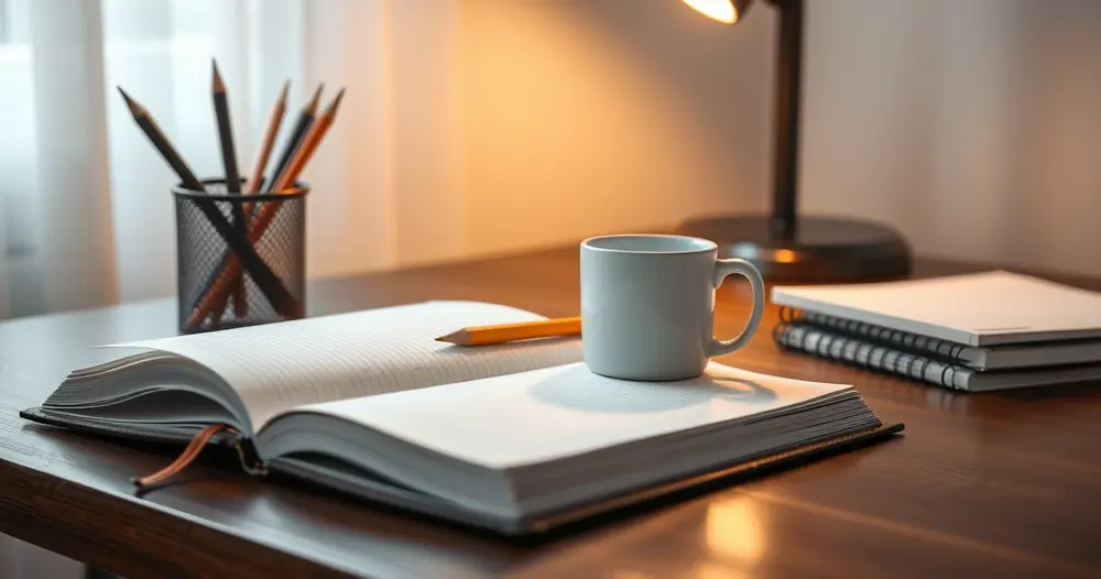 Caderno aberto, lápis e uma caneca sobre a mesa de estudo