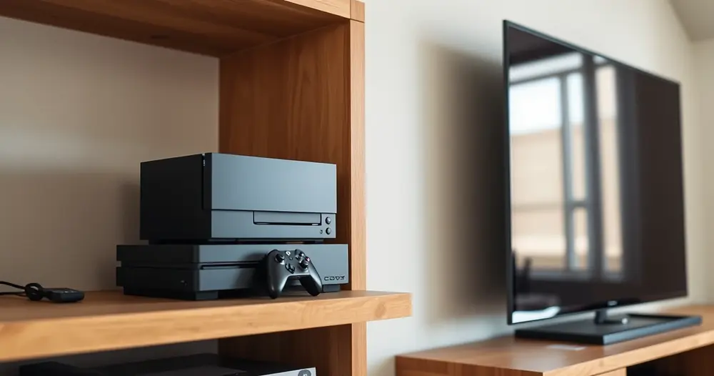 Console de videogame numa estante, ao lado da televisão