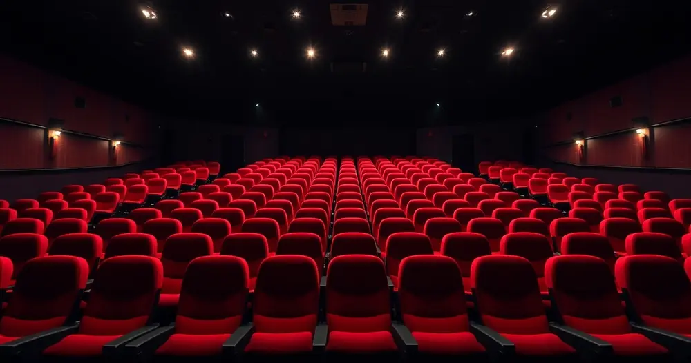 Sala de cinema vazia, com poltronas vermelhas e luz baixa