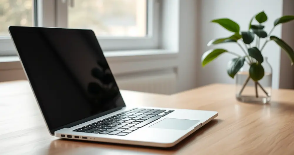 Notebook aberto sobre a mesa, com uma planta ao lado