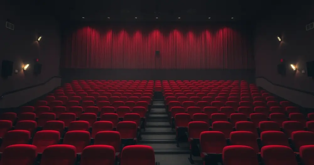 Sala de cinema vazia, com poltronas vermelhas e luz baixa
