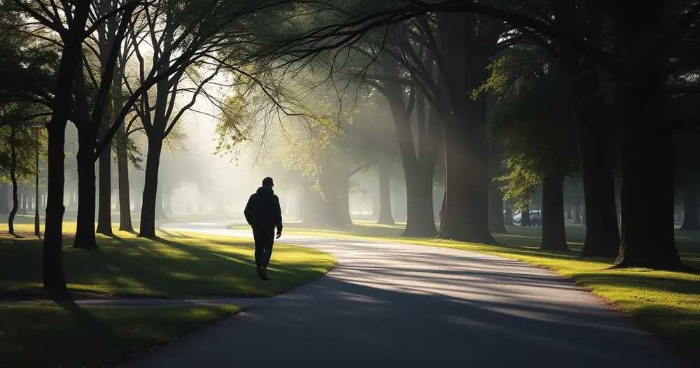 Pessoa caminhando por uma trilha de parque entre árvores
