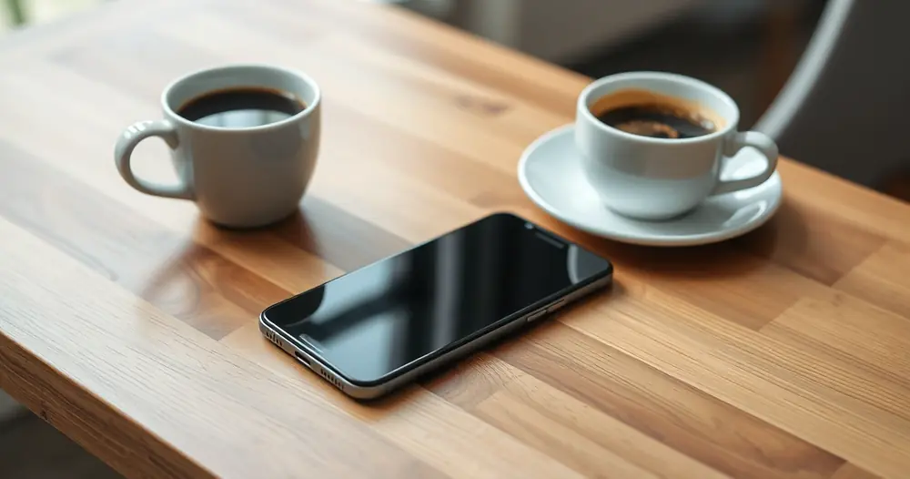 Celular sobre uma mesa de madeira, ao lado de uma xícara de café