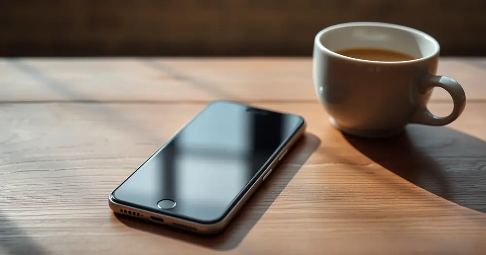 Celular sobre uma mesa de madeira, ao lado de uma xícara de café