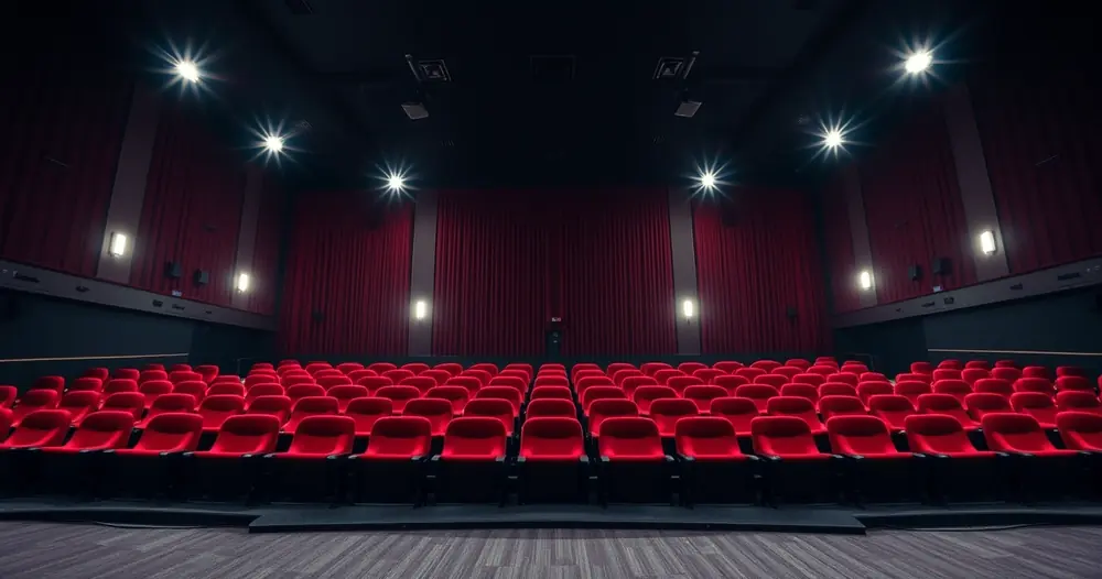 Sala de cinema vazia, com poltronas vermelhas e luz baixa