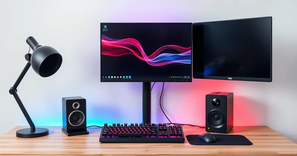 Mesa de jogo com monitor, teclado e iluminação colorida