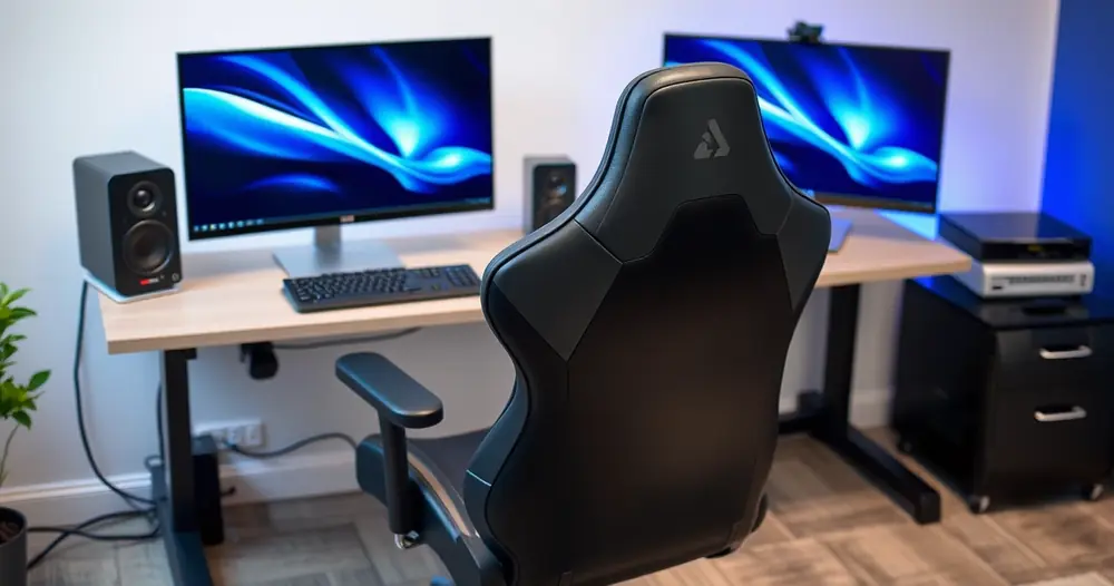 Cadeira gamer diante de uma mesa com dois monitores