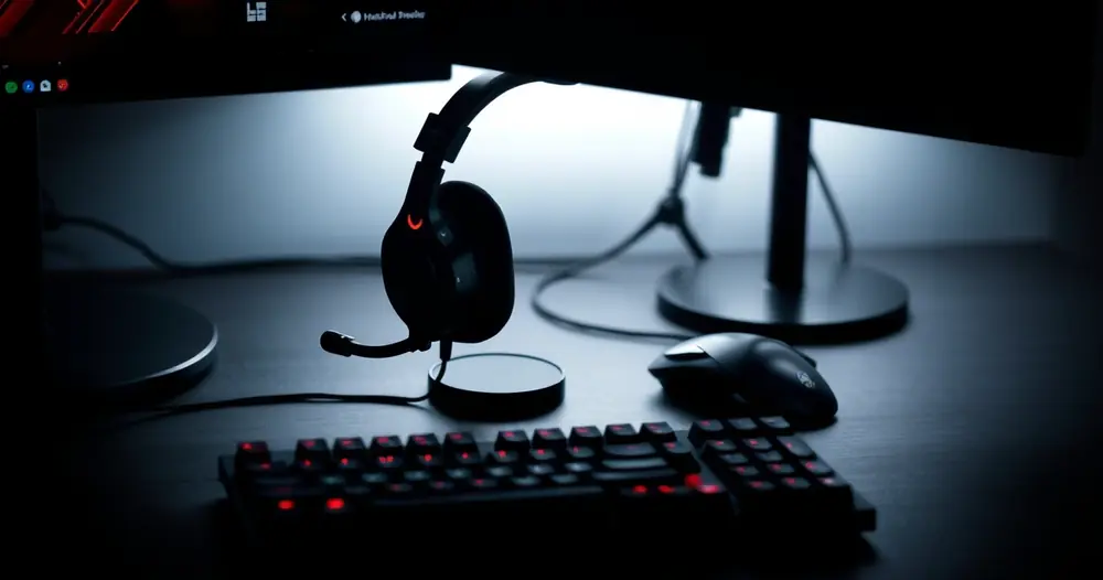 Headset gamer sobre a mesa, ao lado do teclado