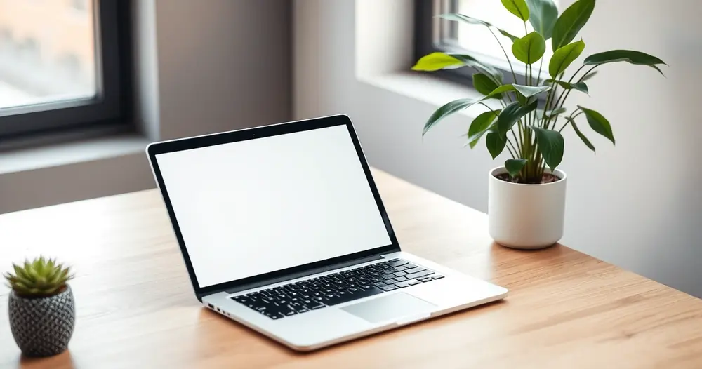 Notebook aberto sobre a mesa, com uma planta ao lado