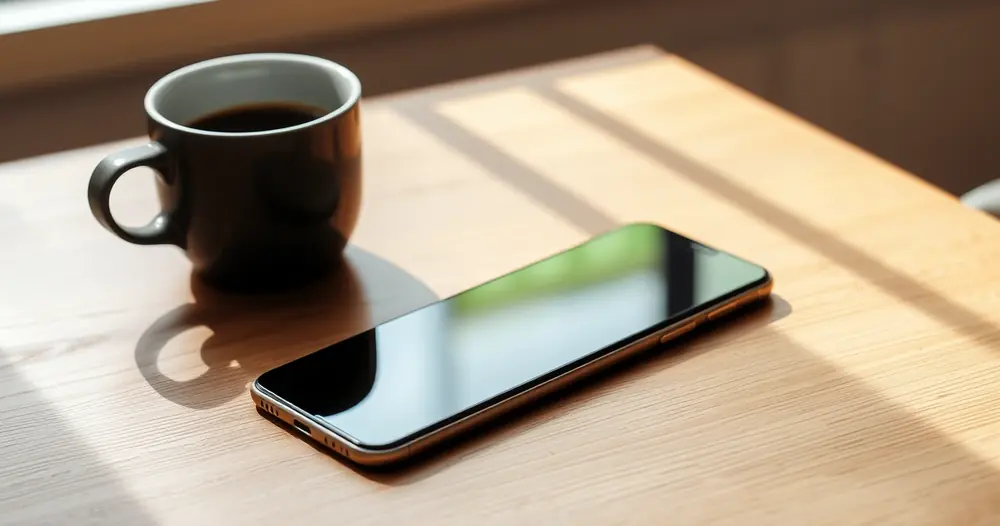 Celular sobre uma mesa de madeira, ao lado de uma xícara de café