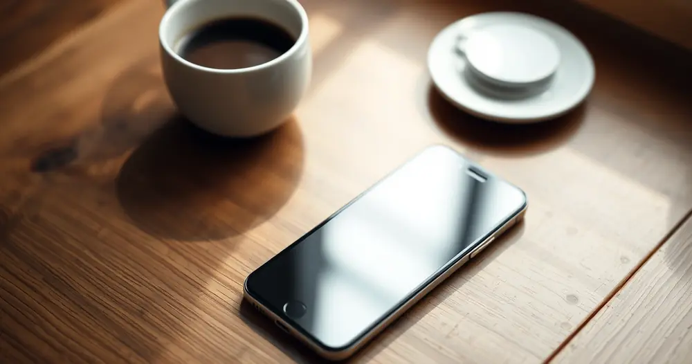 Celular sobre uma mesa de madeira, ao lado de uma xícara de café