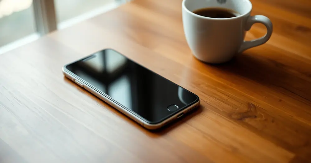 Celular sobre uma mesa de madeira, ao lado de uma xícara de café