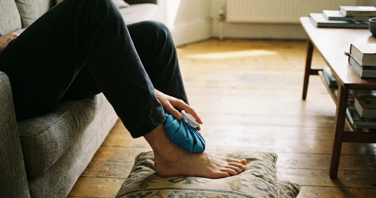 Pessoa sentada no sofá com o pé elevado sobre almofada e bolsa de gelo apoiada no tornozelo