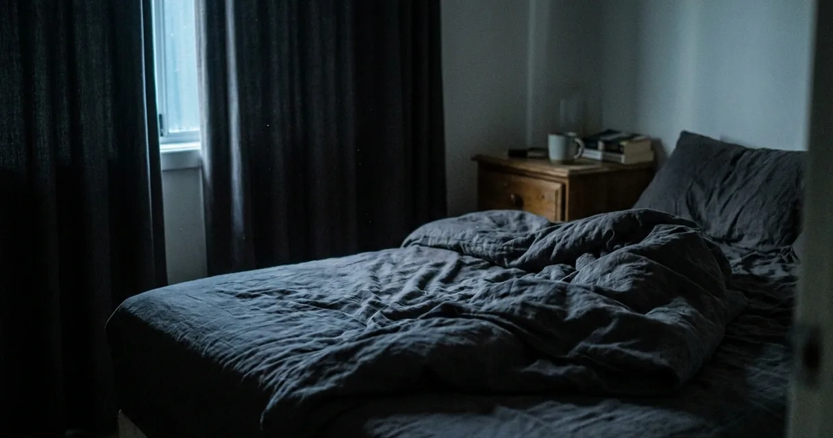 Cama desfeita com roupa de cama escura em quarto na penumbra, com luz fraca entrando pela cortina