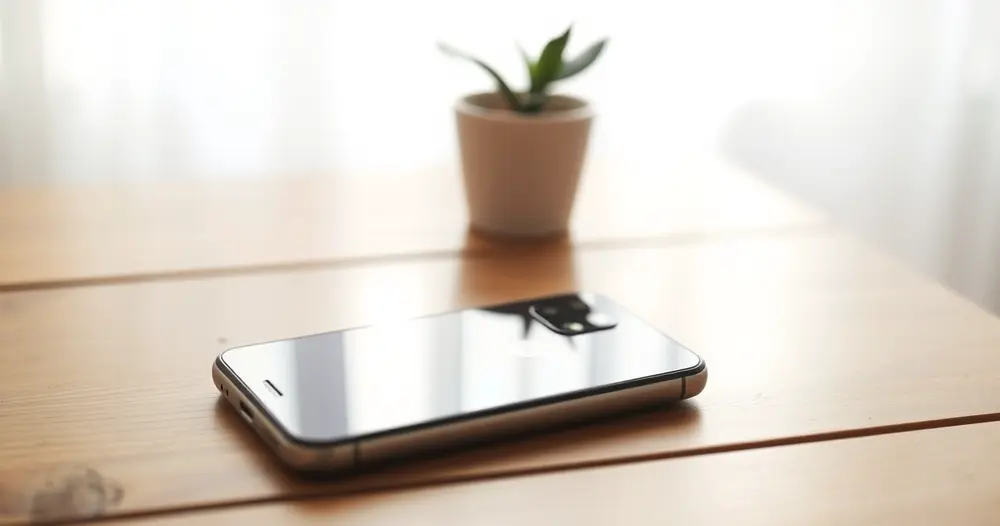 Celular virado para baixo sobre mesa de madeira ao lado de vaso pequeno